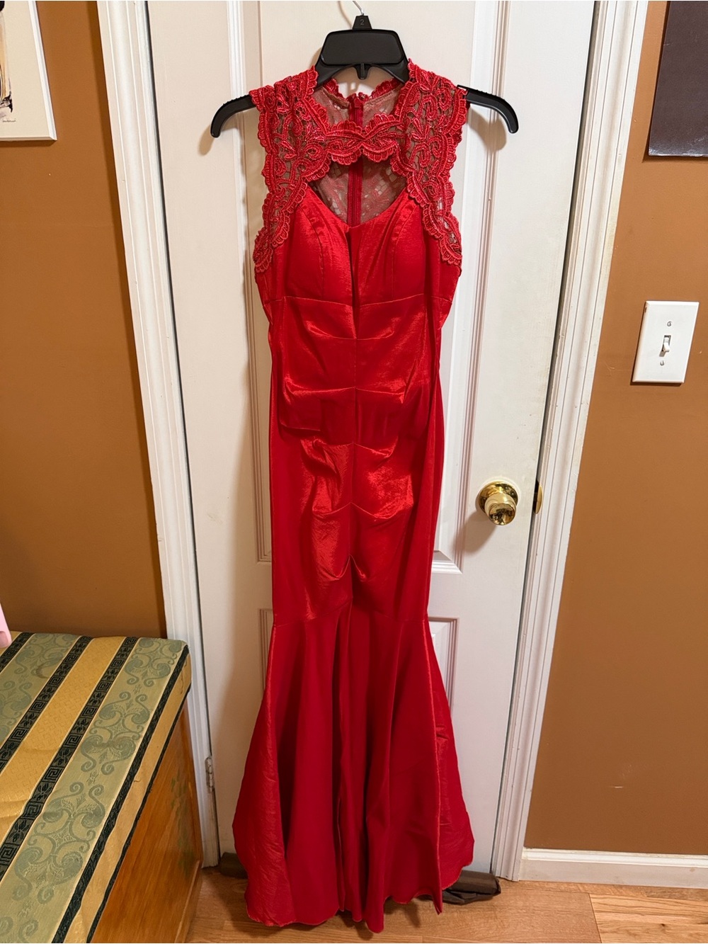Xscape Red Lace Halter Prom Dress